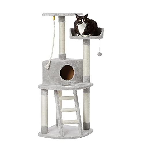 Amazon Basics Cat Condo Tree Tower With Scratching Post And Step Ladder - 19 x 19 x 52 Inches, Light Grey