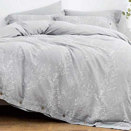 Book Cover OREISE Duvet Cover Set King Size Washed Cotton Yarn, Jacquard Gray and White Thin Branch Pattern Floral Style 3Piece Bedding Set