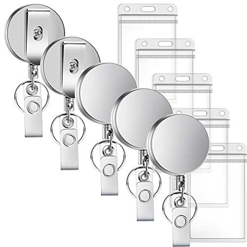 Selizo 5 Packs Metal Retractable Badge Reels with ID Badge Holders Heavy Duty Keycard Holder with Key Chain Belt Clip