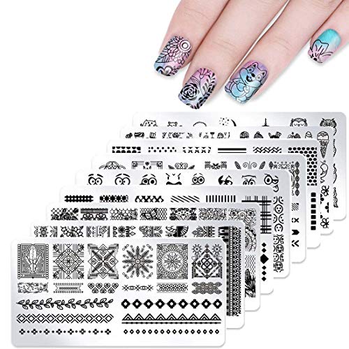 DAODER 10pcs Nail Stamping Kit Stamp Plates with Stamper and Scraper Cute Animal Lace Flower Geometric Stripe Pattern Nail Plates for Nails Art Design