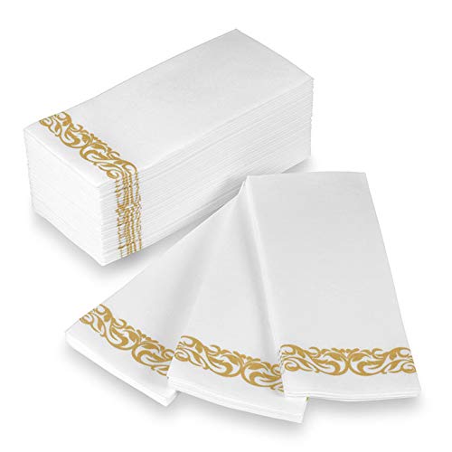 Disposable Hand Towels and Decorative Bathroom Napkins with Floral Trim Perfect for Holidays, Dinners, Parties, Weddings, Catering Events, and Everyday Use, 100 Count, Gold