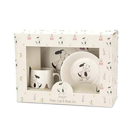 Jellycat Bashful Black & Cream Puppy Bowl, Cup, and Plate 3 Piece Gift Set