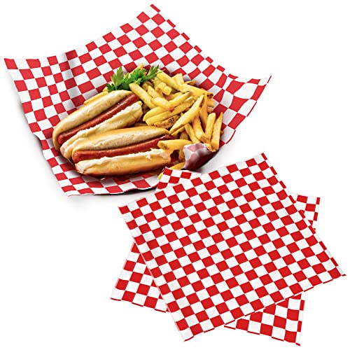 Fit Meal Prep 12x12" Deli Wax Sheets Sandwich Wrap Paper - Red and White Checkered Food Basket Liners, Grease Resistant for Restaurants, Barbecues, Party, Picnics, Kids Meal, Outdoor Fairs, 250 Sheets