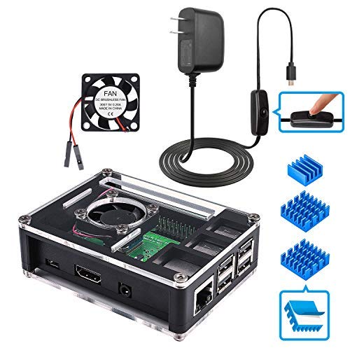 Miuzei Pi 3 B+ Case with Fan, 5V 3A Power Supply with ON/Off Button, 3 Pcs Heat Sinks for Pi 3 Model B+