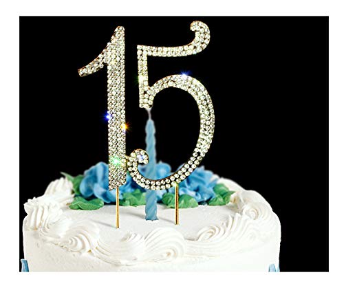 15 Cake Topper | Premium Bling Rhinestone Diamond Gems | 50th Birthday or Anniversary Party Decoration Ideas | Quality Metal Alloy | Perfect Keepsake