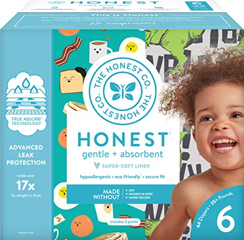 Book Cover The Honest Company Club Box Diapers with TrueAbsorb Technology, T-Rex & Breakfast, Size 6, 44 Count