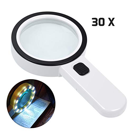 Magnifying Glass with Light, 30X Handheld Large Magnifying Glass 12 LED Illuminated Lighted Magnifier for Macular Degeneration, Seniors Reading, Soldering, Inspection, Coins, Jewelry, Exploring