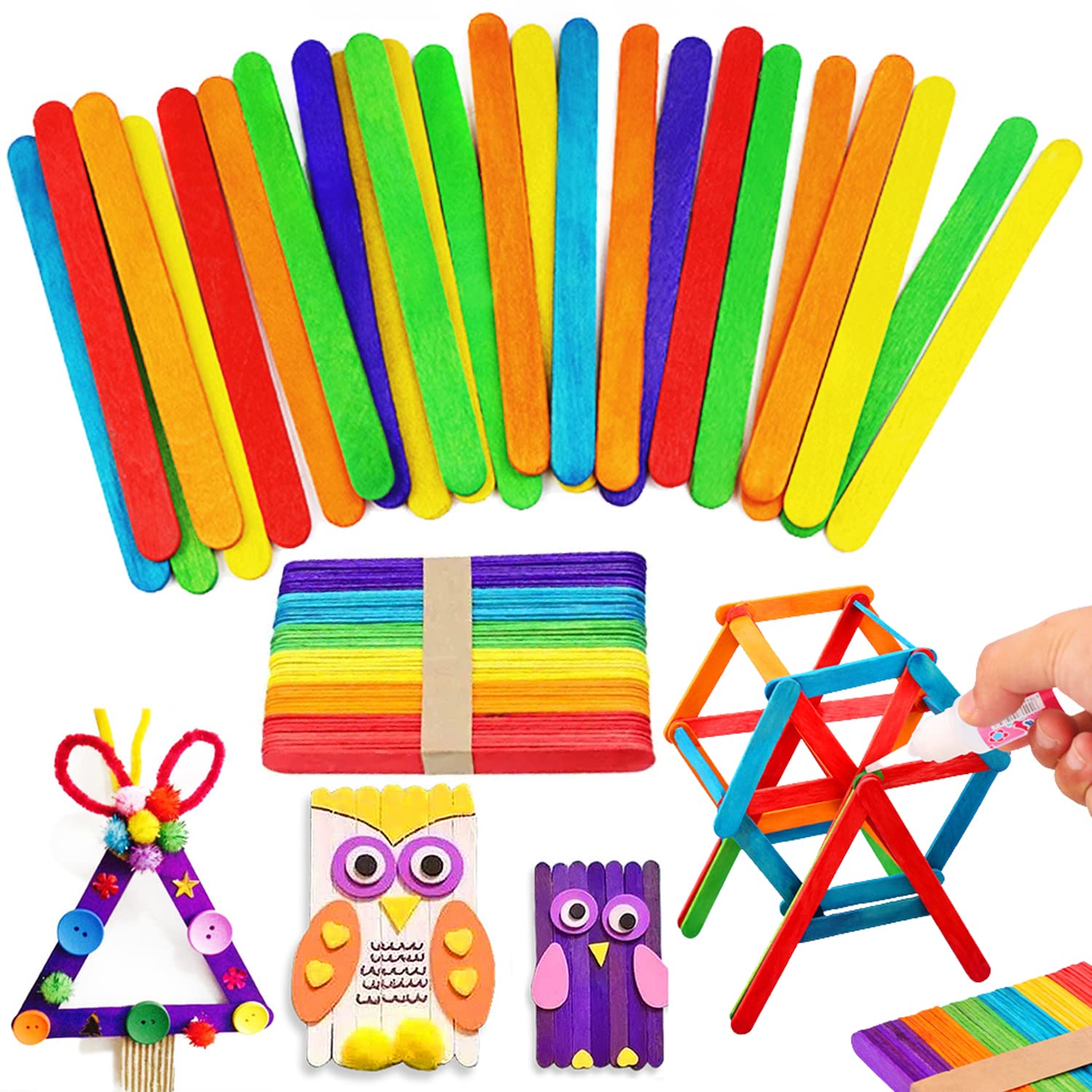 Book Cover 200 PCS Colorful Craft Sticks,Popsicle Ice Pop Ice Cream Sticks,Natural Wooden 4-1/2