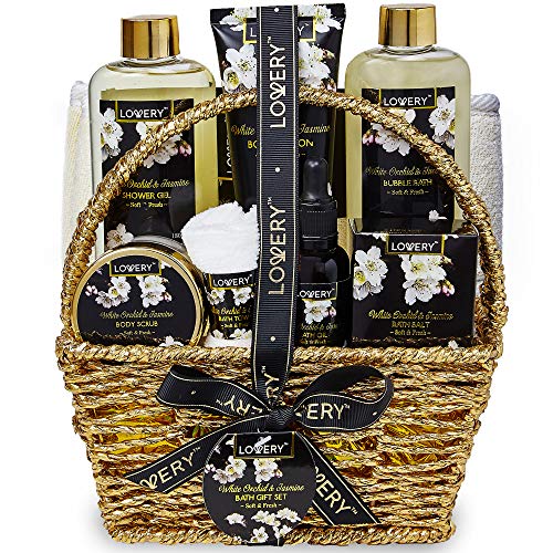 Birthday Gifts for Mom, Bath and Body Gift Basket for Women and Men – Orchid & Jasmine Home Spa Set With Body Scrubs, Lotions, Oils, Gels and More - Care Package for Women & Men - 9 Piece Set