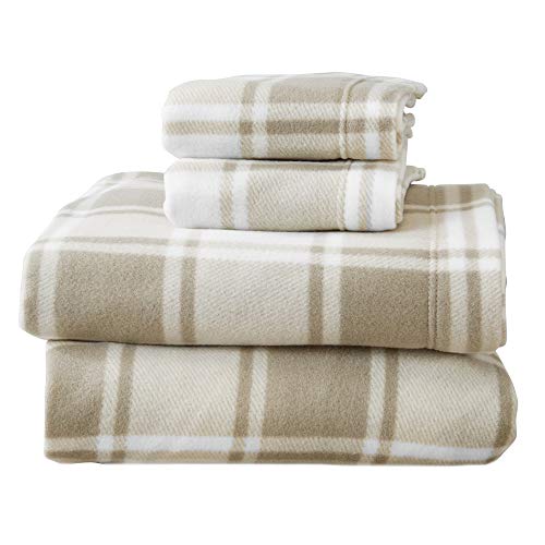 Book Cover Super Soft Extra Plush Plaid Fleece Sheet Set. Cozy, Warm, Durable, Smooth, Breathable Winter Sheets with Plaid Pattern. Dara Collection by Great Bay Home Brand. (King, Taupe)