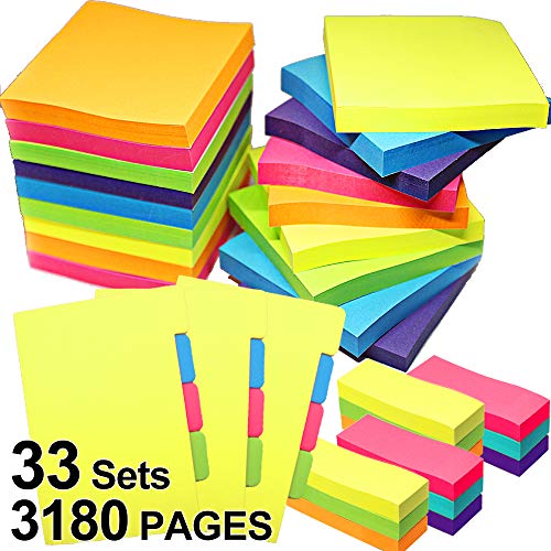 Jalousie 33 PCs Colorful Sticky Note Pads Bundle Include 18 100 Pages 3 in x 3 in Sticky Note Pads 12 3 in x 1 in Index Tab Sticky Note Pads and 3 Sets Divider Note Pads
