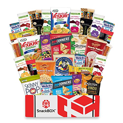Book Cover SnackBOX Gluten Free Healthy Snacks Care Package (34 Count) for College Students, Exams, Christmas, Military, Finals, Office and Gift Ideas. Over 3 LBS of Chips, Popcorn, and granola Bars.