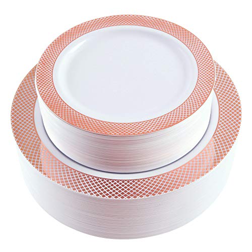 Rose Gold Plates 102 Pieces, White Plastic Plates, Well Made Disposable Party Plates with Diamond Rim Includes: 51 Dinner Plates 10.25 Inch and 51 Salad/Dessert Plates 7.5 Inch
