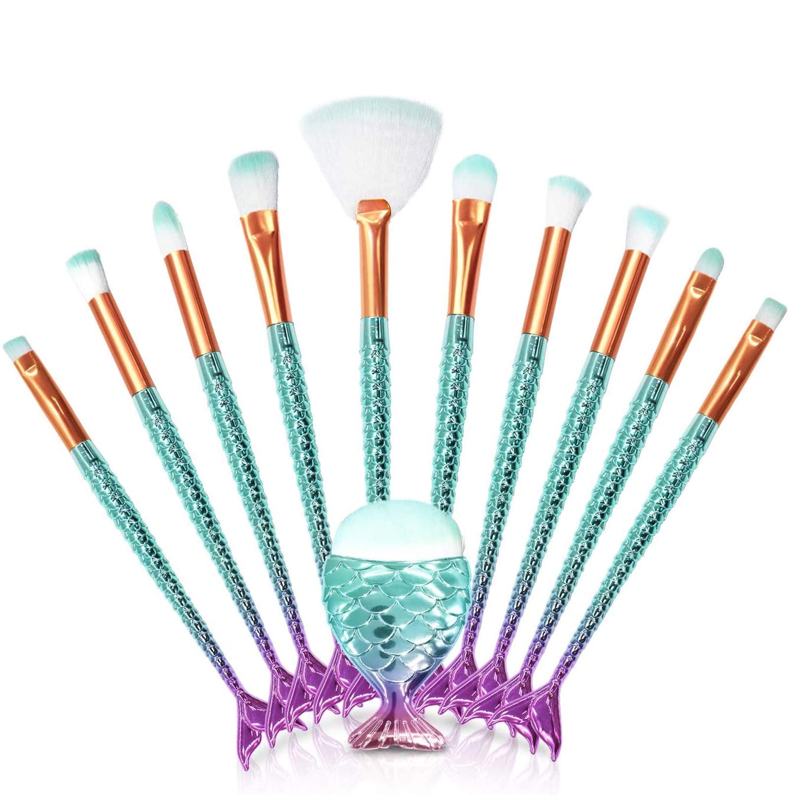 Book Cover 11PCS Fish Tail Makeup Brushes Set, Foundation Eyebrow Eyeliner Blush Cosmetic Concealer Brushes Women Girl Cute Make Up Tool Set (Colorful Mermaid Handle)