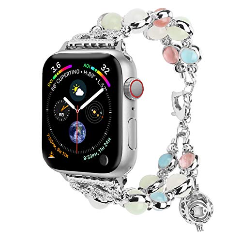 TILON For Apple Watch Band 38mm 40mm 41mm Series 9 8 7 6 5 4 3 2 1&SE, Adjustable Wristband Handmade Night Luminous Pearl iWatch Bracelet with Essential Oil/Perfume Storage Pendant for Women(Silver)