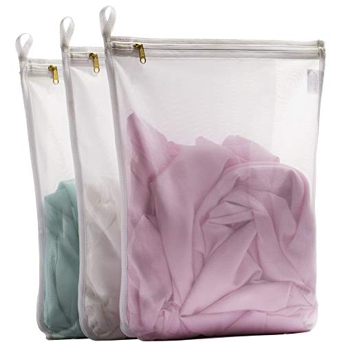 Book Cover TENRAI 3 Pack (3 Medium) Delicates Laundry Bags, Bra Fine Mesh Wash Bag, Use YKK Zipper, Have Hanger Loops, Zippered, Protect Best Clothes in The Washer (White)