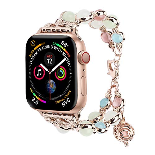 TILON For Apple Watch Band 38mm 40mm Series 5/4/3/2/1, Adjustable Wristband Handmade Night Luminous Pearl iWatch Bracelet with Essential Oil/Perfume Storage Pendant for Women/Girls(Rose Gold)