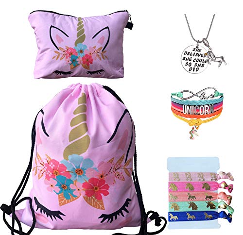 Unicorn Gifts for Girls - Unicorn Drawstring Backpack/Makeup Bag/Bracelet/Inspirational Necklace/Hair Ties (Pink Flower)