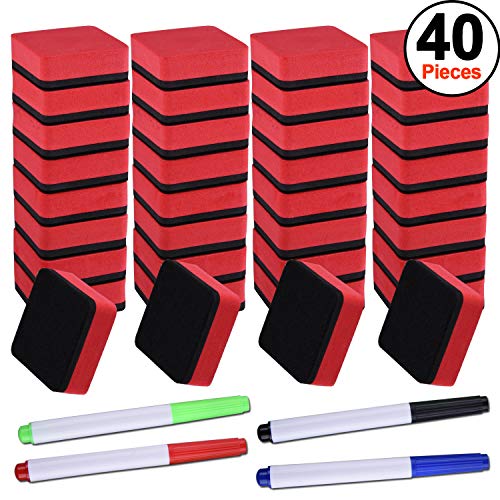 Book Cover SIQUK 36 Packs Dry Erase Eraser Magnetic Whiteboard Eraser Red Chalkboard Cleansers Wiper(1.97 x 1.97 Inches) with 4 Pieces Whiteboard Markers