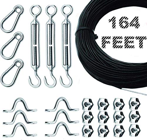 Bysn Globe String Light Suspension Kit Outdoor Light Guide WireVinyl Coated Stainless Steel Steel Cable 164 ft. with Turnbuckle and Hooks