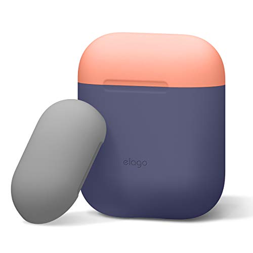Book Cover elago Duo Silicone Case Compatible with Apple AirPods Case 1 & 2, Premium Protective Silicone, Supports Wireless Charging, 2 Caps + 1 Body [ Peach, Medium Grey + Jean Indigo ]