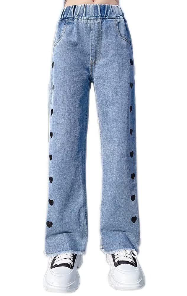 Big Girls Kids Distressed Ripped Hole Teens Jean Blue Cat Slim Denim Pants Blue Heart Wide Leg 4T