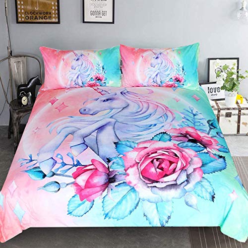 Book Cover Sleepwish Unicorn Twin Bedding for Girls Watercolor Unicorn Rose Bed Set 3 Piece Pastel Pink Blue Unicorn Duvet Cover Set for Kids Teens (Twin)
