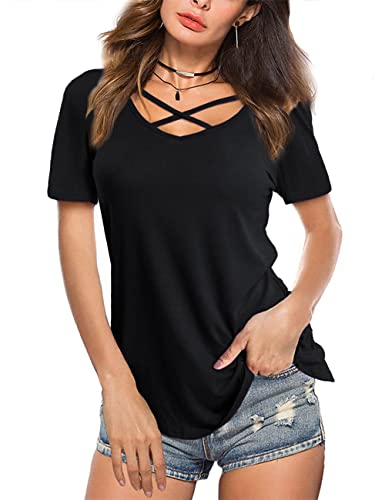 Book Cover Amoretu Womens' Top Shirts with Short/Long Sleeve Criss Cross V Neck