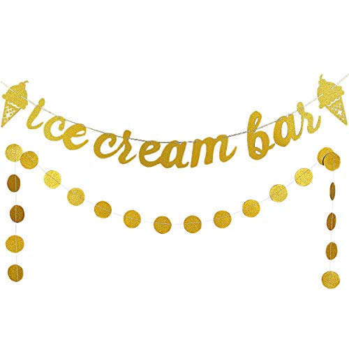 Gold Glittery Ice Cream Bar Banner and Gold Glittery Circle Dots Garland for Ice Cream Theme Party Birthday Wedding Party Decoration