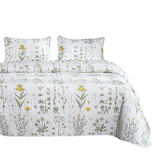 Book Cover Wake In Cloud - Botanical Quilt Set, Yellow Flowers Green Leaves Floral Pattern Printed on White, 100% Cotton Fabric with Soft Microfiber Inner Fill Bedspread Coverlet Bedding (3pcs, Twin Size)