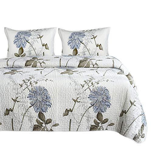 Wake In Cloud - Floral Quilt Set, Botanical Flowers Pattern Printed, 100% Cotton Fabric with Soft Microfiber Inner Fill Bedspread Coverlet Bedding (3pcs, Queen Size)