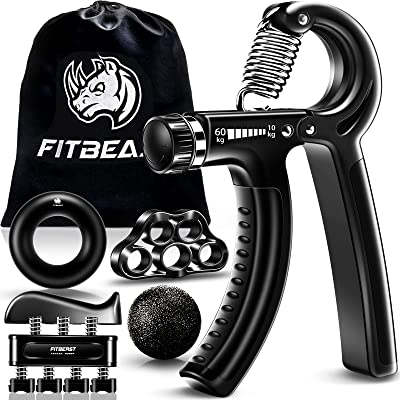 Book Cover Hand Grip Strengthener Workout Kit (5 Pack) FitBeast Forearm Grip Adjustable Resistance Hand Gripper, Finger Exerciser, Finger Stretcher, Grip Ring & Stress Relief Grip Ball for Athletes and Musicians