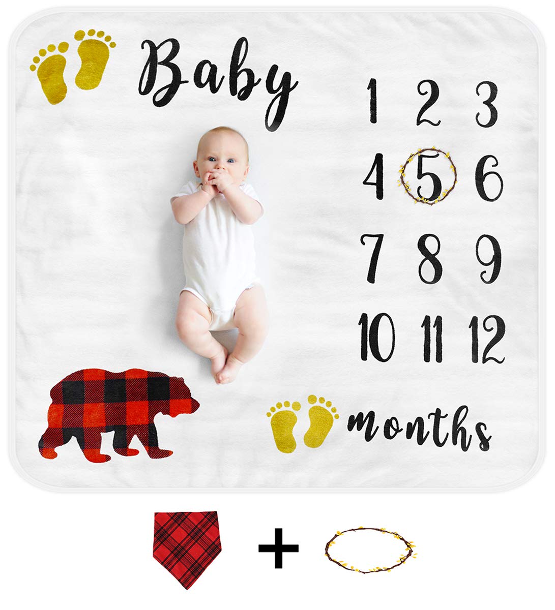 Cimkiz Baby Monthly Milestone Blanket for Boys and Girls Organic Premium Fleece Photography Background Blankets Bonus Floral Wreath + Bib Best Newborn Photo Prop Large (Bear)