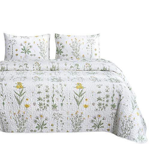 Book Cover Wake In Cloud - Botanical Quilt Set, Yellow Flowers Green Leaves Floral Pattern Printed on White, 100% Cotton Fabric with Soft Microfiber Inner Fill Bedspread Coverlet Bedding (3pcs, King Size)