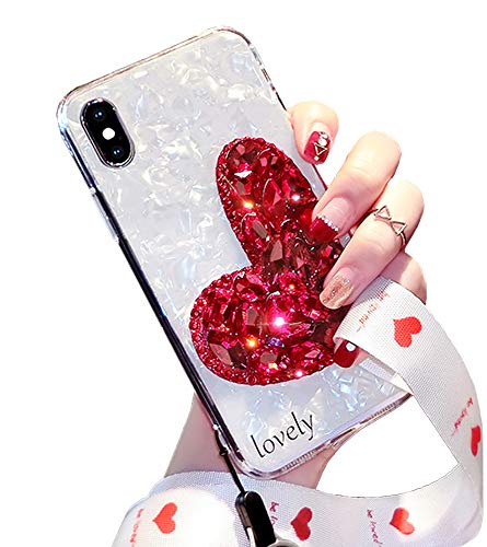 Book Cover Black Lemon iPhone 8 Bling Case, Glitter iPhone 7 Case for Girls, Smooth Soft Touch Luxury Diamond Lovely Heart Silicone Rubber Back Cover Phone Case with Neck Lanyard (Red A)