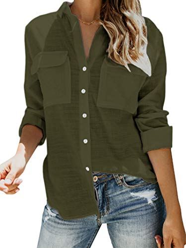 Womens Button Down V Neck Shirts Long Sleeve Blouse Roll Up Cuffed Sleeve Casual Work Plain Tops with Pockets