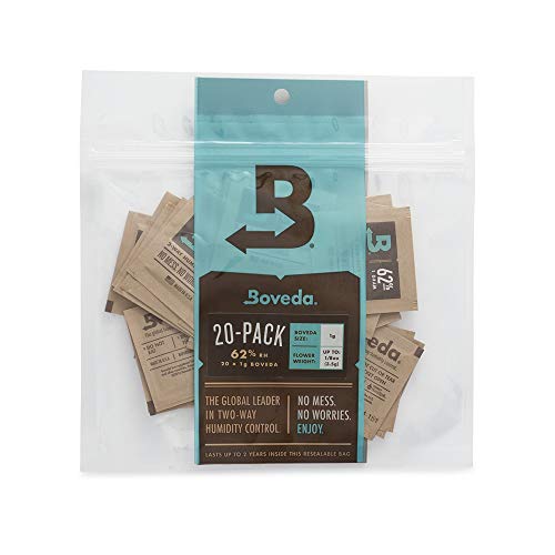Book Cover Boveda for Herbal Storage | 62% RH 2-Way Humidity Control | Size 1 Protects Up to 1/8 Ounce (3.5 Grams) Flower | Prevent Terpene Loss | 20-Count Reclosable Bag