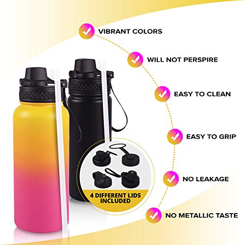 Pur-Go Set of 2 Vacuum Insulated Water Bottles Stainless Steel | Extra Bottle Straws and Lids | Stainless Steel Water Bottle 32 oz 20 oz Set | BPA Free Waterbottle