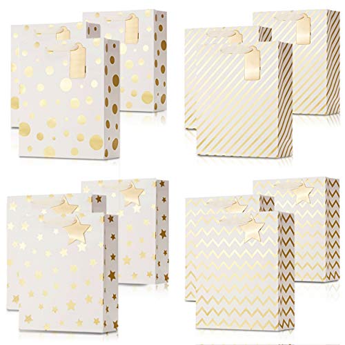 Book Cover UNIQOOO 12PCS Cute Metallic Gold Gift Bags Bulk with Handles Tag, Large 12.6 Inch 4 Assorted Modern Design Geometric Paper Thank You Wrap Bag, Durable For Birthday Anniversary Mother's Day Easter Wedding Gift Wrapping Party Favor Retail Busines