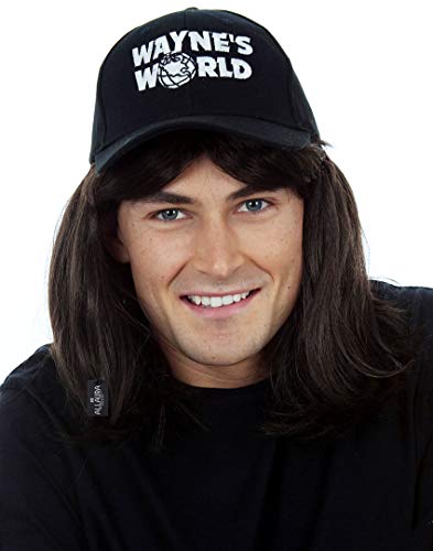 ALLAURA Wayne Wig with Hat - Mullet Costume Wigs For Men 80s Heavy Metal Rocker Wig 1980s Black Mullet Wig - Halloween Costumes for Men