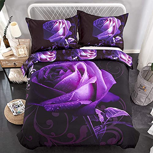 Book Cover Purple Duvet Cover Queen Reversible Rose Printed Bedding Duvet Cover with Zipper Closure for Girls Adults Room Decor, 3 Pcs (1 Duvet Cover +2 Pillowcases) Soft Microfiber Bedding Set Queen 90