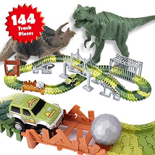 Book Cover Veken Race Track Set with 2 Dinosaurs, 1 Race Car Toy, Cage, Ball, Double-Door, 2 Bridges, Slopes, 4 Trees & 144 Flexible Tracks for Boys Girls