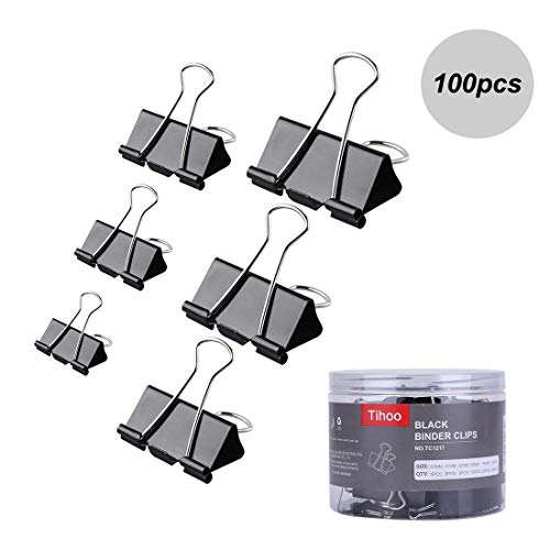 100pcs Paper Binder Clips, Heavy Duty Metal Paper Clamps for Paperwork, Document, Letter, School Use, Office Supplies, Mini, Small, Medium, Large, Extra Large 6 Assorted Sizes, Black