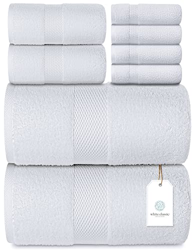 Book Cover Luxury White Bath Towel Set - Combed Cotton Hotel Quality Absorbent 8 Piece Towels | 2 Bath Towels | 2 Hand Towels | 4 Washcloths [Worth $72.95] 8Pc | White