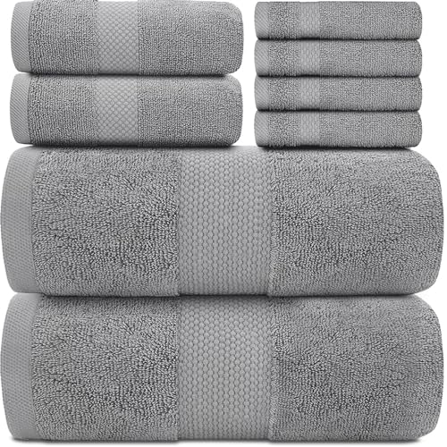 Book Cover White Classic Luxury Grey Bath Towel Set - Combed Cotton Hotel Quality Absorbent 8 Piece Towels | 2 Bath Towels | 2 Hand Towels | 4 Washcloths [Worth $72.95] Grey | 8 Pack