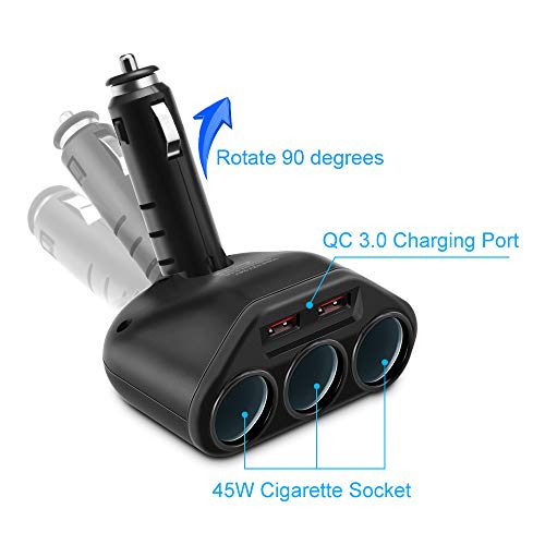 Rocketek 3-Socket 2-Port USB Quick Charge 3.0 Car Charger Splitter Adapter,120W 12V/24V DC Outlet Multi Socket Car Cigarette Lighter Splitter QC3.0 Dual Car Charger Power Outlet Splitter Extender
