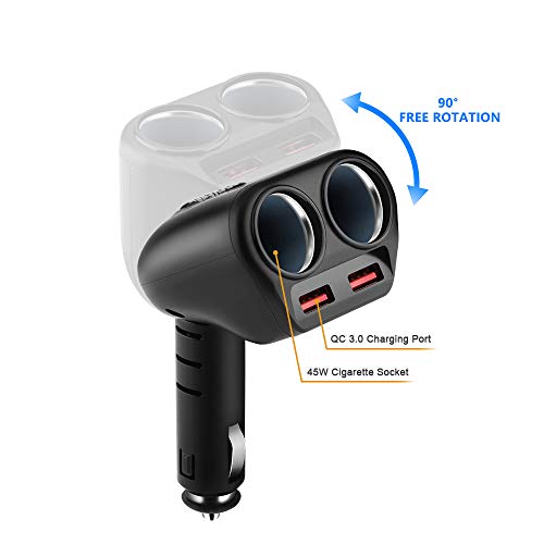 Rocketek Dual USB Quick Charge 3.0 Car Charger Adapter with Build-in 2 Way Car Splitter Adapter, 90W 12V/24V DC Outlet 2-Socket Car Cigarette Lighter for iPhone/ipad/Android Cell Phone, GPS, Car DVD