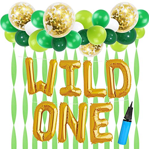 Book Cover 16 INCH WILD ONE Kids First Birthday Balloons with 18 Inch Big Gold Confetti Balloons, Baby Girl Boy 1st Bday Party Supplies with Air Pump