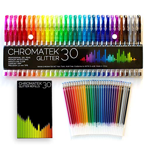 Book Cover Glitter Pens 60 Set by Chromatek. Best Colors. 200% the Ink: 30 Gel Pens, 30 Refills. Super Glittery Ultra Vivid Colors. No Repeats. Professional Art Pens. New & Improved. Perfect Gift!