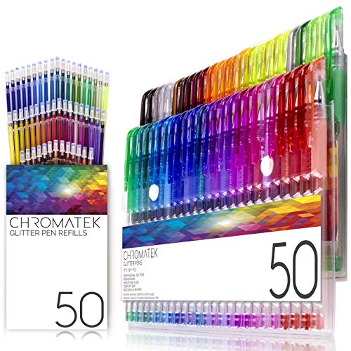 Book Cover Glitter Pens 100 Set by Chromatek. Best Colors. 200% The Ink: 50 Gel Pens, 50 Refills. Super Glittery Ultra Vivid Colors. No Repeats. Professional Art Pens. New & Improved. Perfect Gift! â€¦